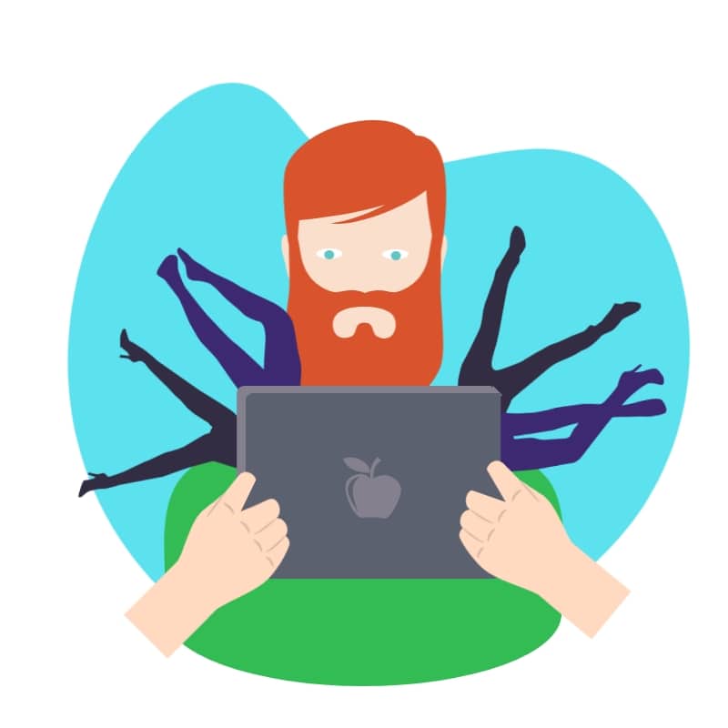 Man holding tablet with legs sticking out the sides to answer the myths about porn induced ED